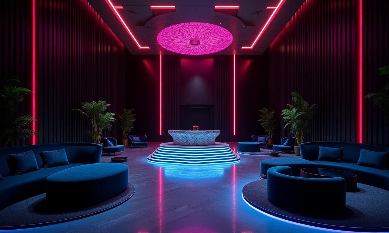 Art Deco inspired hotel lobby with neon accents